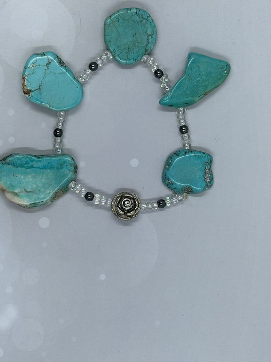 Chunky Turquoise Gemstone Bracelet with Silver Rose Accent – Boho Style