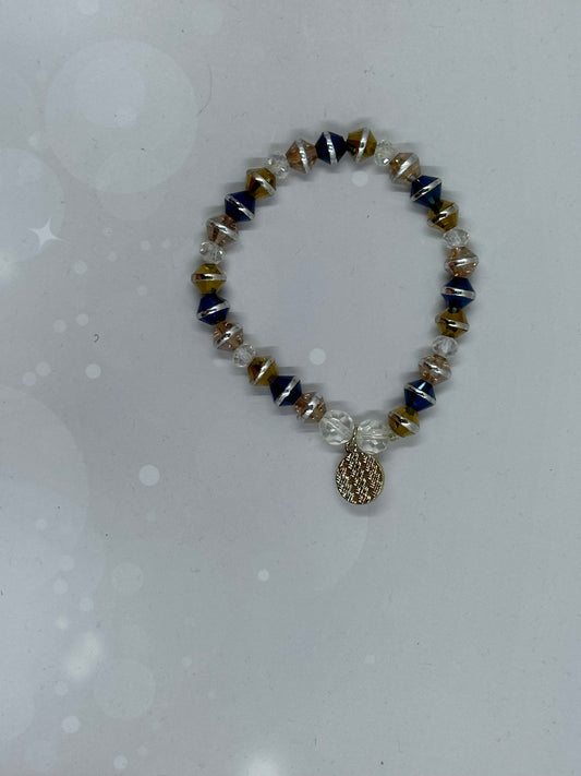 Handmade Crystal Beaded Stretch Bracelet with Gold Charm – Elegant Navy & Champagne Tones