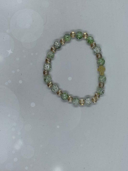 Elegant Green & Gold Beaded Bracelet with Crackle Glass and Cross Charm