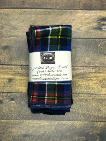 Reusable Paperless Paper Towels – Blue Plaid, Black & Solid Green Cotton Flannel Set | Eco-Friendly Unpaper Towels