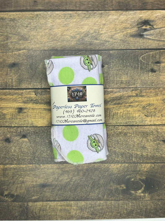 Reusable Paperless Paper Towels – Grogu & Lime Dots Cotton Flannel Set | Eco-Friendly Unpaper Towels